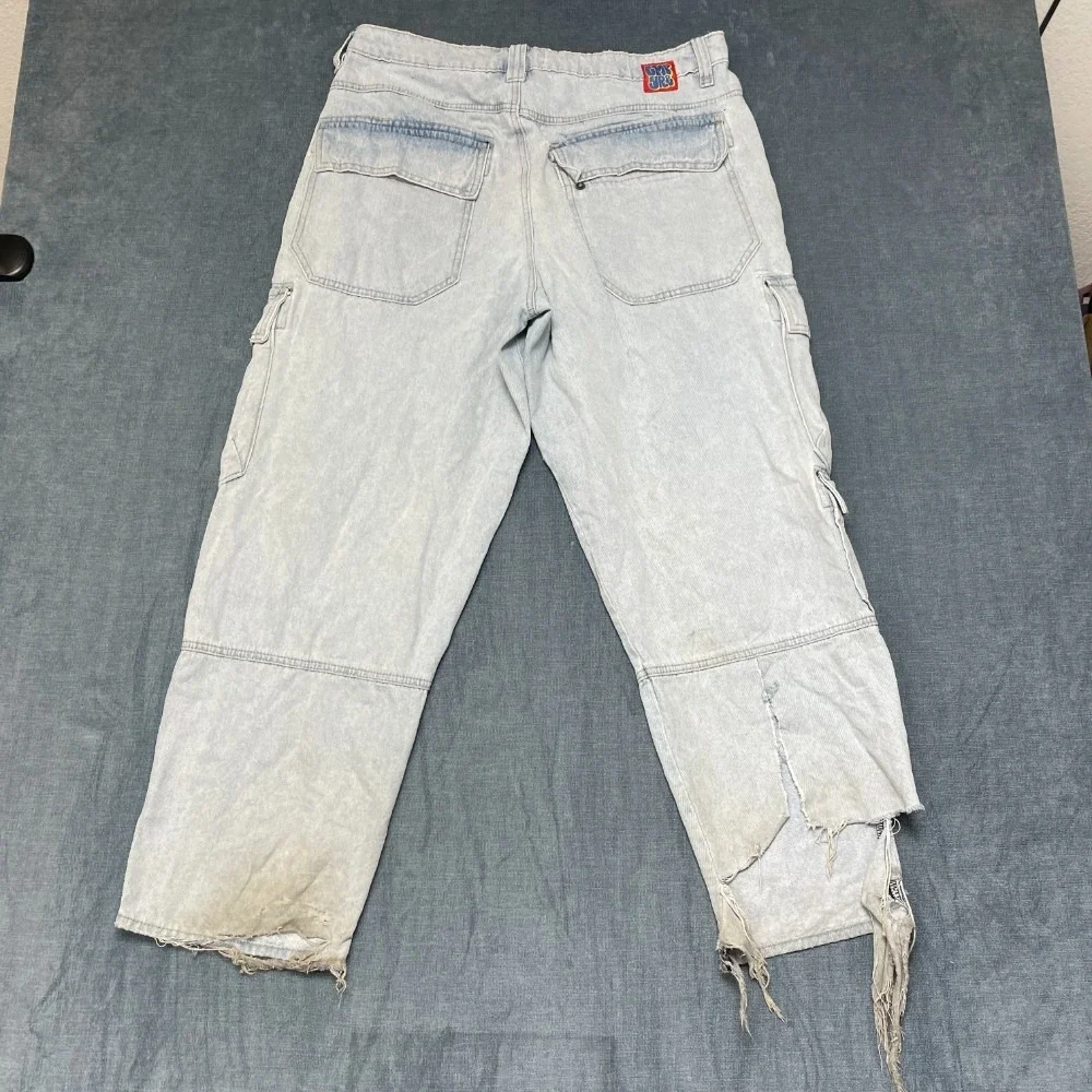 Empyre Loose Fit Cargo Jeans Mens 32 Blue Denim Flat Front Pockets Embroidered